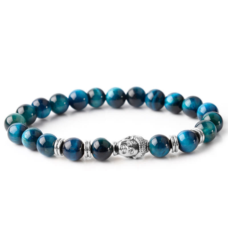 Bracelet d'équilibre tête de Bouddha œil de tigre bleu vert rouge Buddha Stones