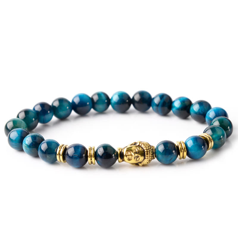 Bracelet d'équilibre tête de Bouddha œil de tigre bleu vert rouge Buddha Stones