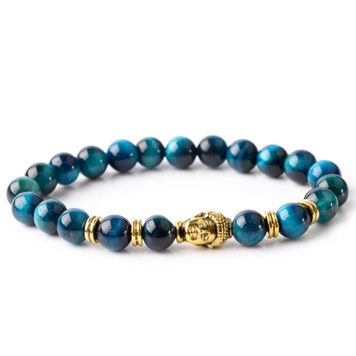 Bracelet d'équilibre tête de Bouddha œil de tigre bleu vert rouge Buddha Stones