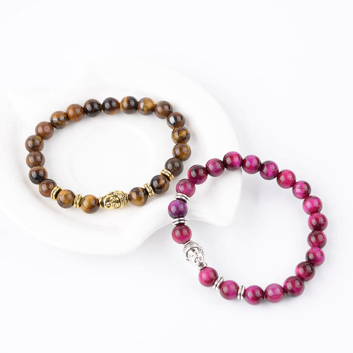 Bracelet d'équilibre tête de Bouddha œil de tigre bleu vert rouge Buddha Stones