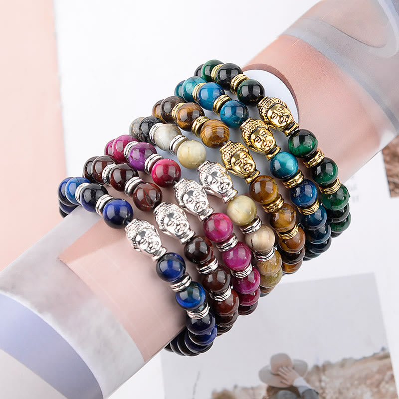 Bracelet d'équilibre tête de Bouddha œil de tigre bleu vert rouge Buddha Stones