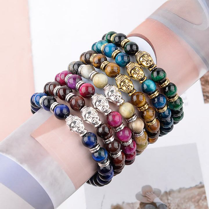 Bracelet d'équilibre tête de Bouddha œil de tigre bleu vert rouge Buddha Stones
