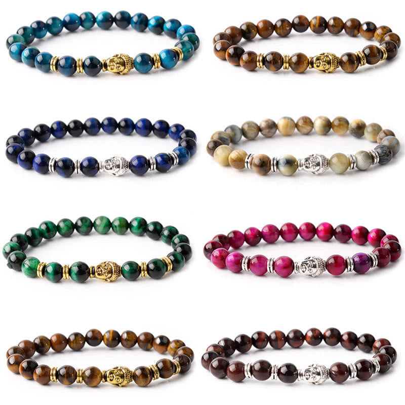 Bracelet d'équilibre tête de Bouddha œil de tigre bleu vert rouge Buddha Stones