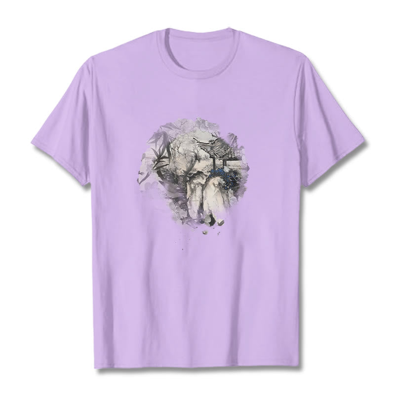 T-shirt à motif de pavillon de montagne en bambou chinois Buddha Stones - Prune - 2XL - image 18