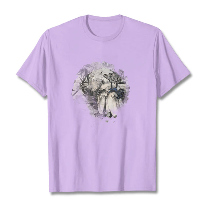 T-shirt à motif de pavillon de montagne en bambou chinois Buddha Stones - Prune - 2XL - image 18