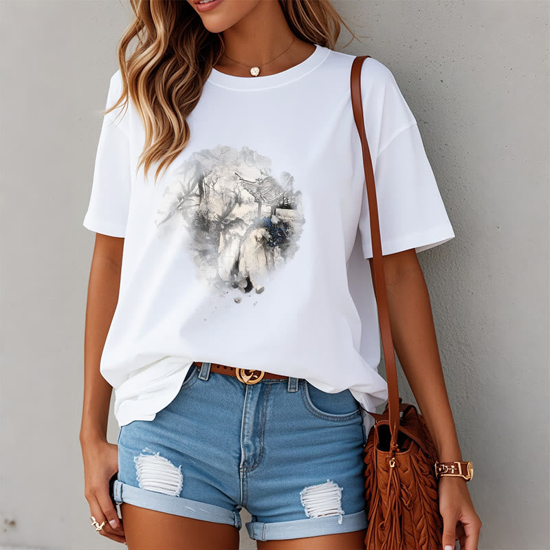 T-shirt à motif de pavillon de montagne en bambou chinois Buddha Stones - image 10