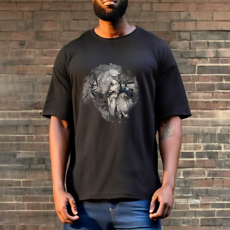 T-shirt à motif de pavillon de montagne en bambou chinois Buddha Stones - image 2