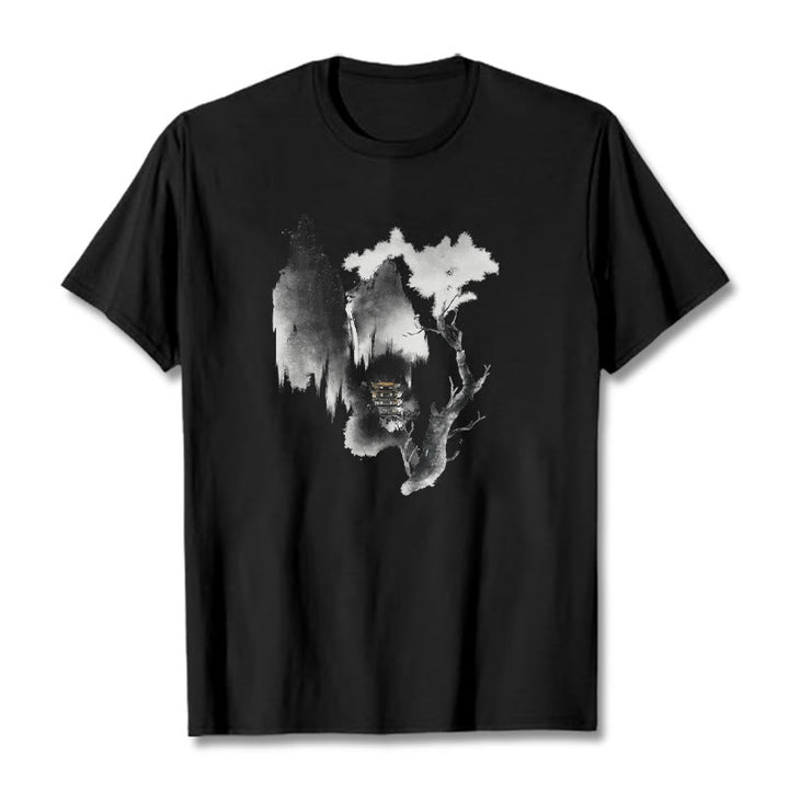 T-shirt à motif Buddha Stones Pavilion Tree Geese Around The Mountains - Noir - 2XL - image 6