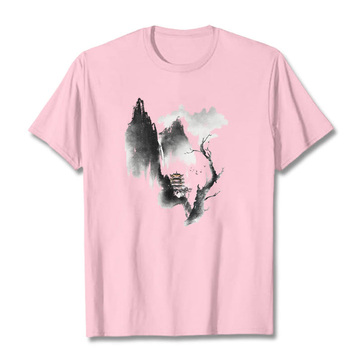 T-shirt à motif Buddha Stones Pavilion Tree Geese Around The Mountains - Rose clair - 2XL - image 14