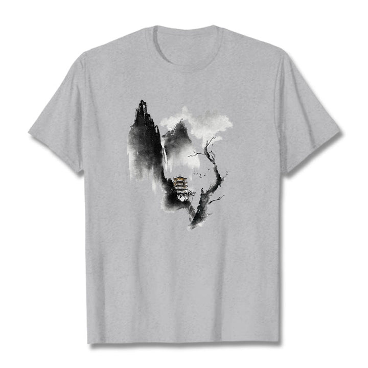 T-shirt à motif Buddha Stones Pavilion Tree Geese Around The Mountains - Gris clair - 2XL - image 1