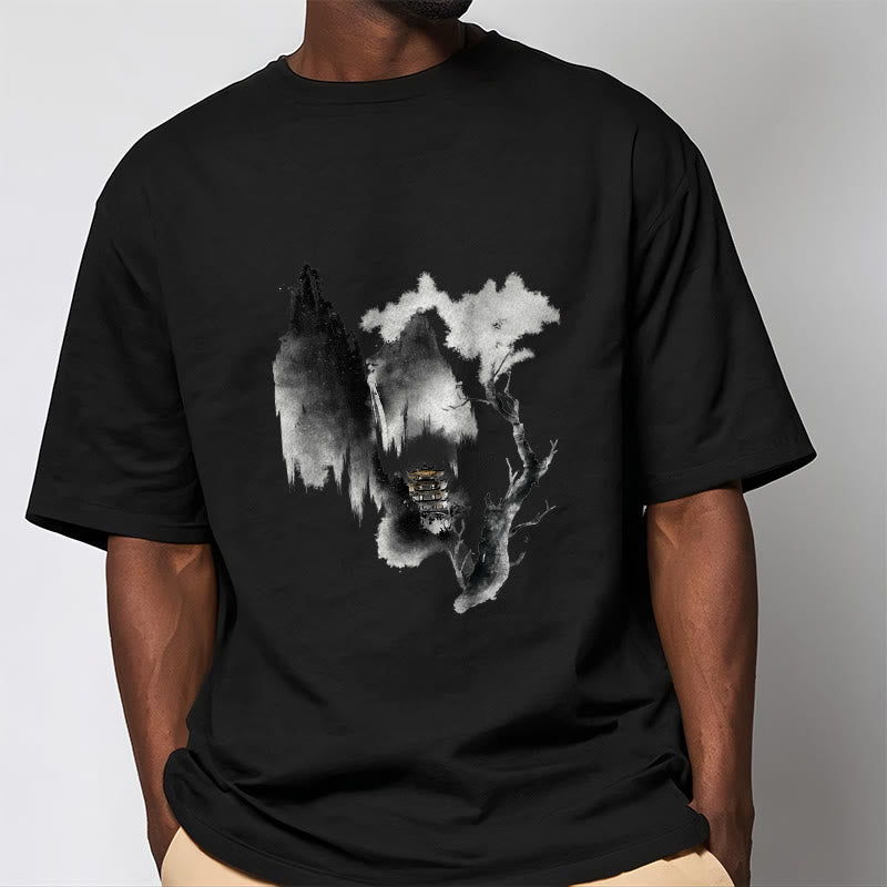 T-shirt à motif Buddha Stones Pavilion Tree Geese Around The Mountains - image 8