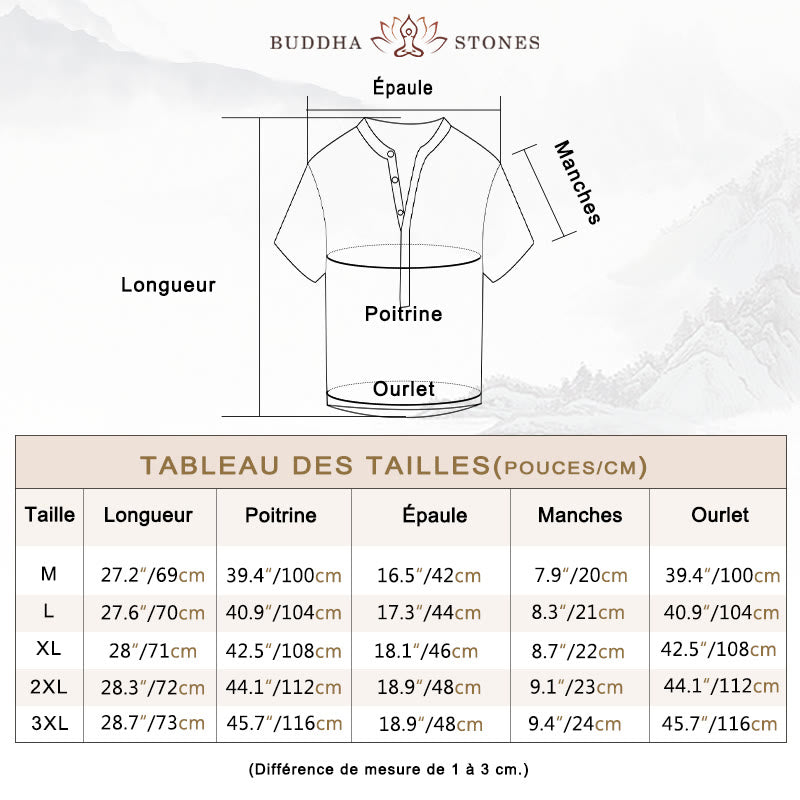 Chemise à manches courtes et demi-bouton en coton et lin pour homme, couleur unie, Buddha Stones - image 7