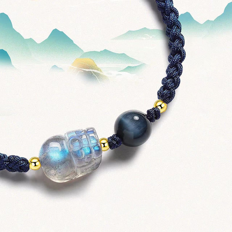 Bracelet de couple de guérison avec Buddha Stones de lune et œil de tigre bleu PiXiu