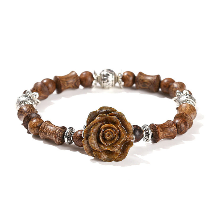 Bracelet de guérison camélia en bois de santal et bambou avec Buddha Stones