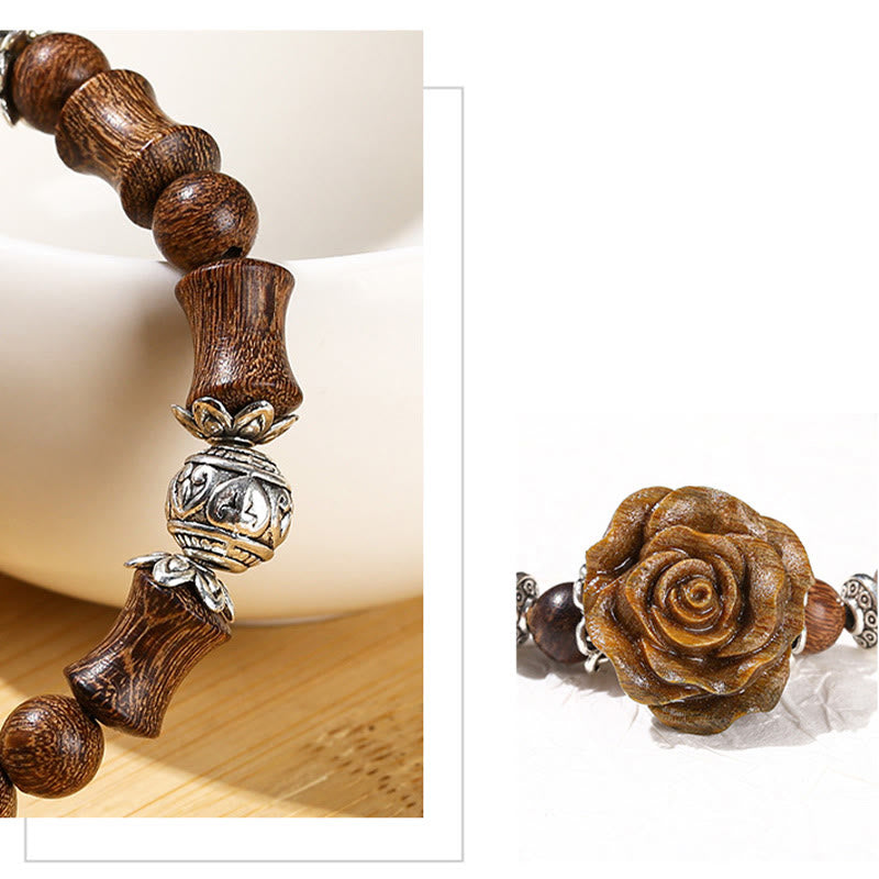 Bracelet de guérison camélia en bois de santal et bambou avec Buddha Stones