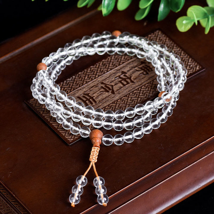 Bracelet de guérison en bois de santal et cristal blanc en pierre naturelle de Buddha Stones Mala