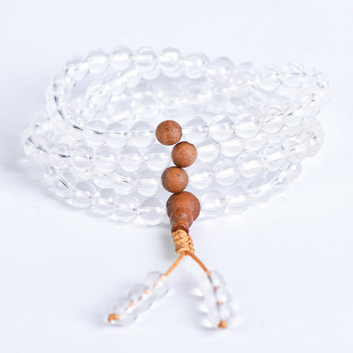 Bracelet de guérison en bois de santal et cristal blanc en pierre naturelle de Buddha Stones Mala