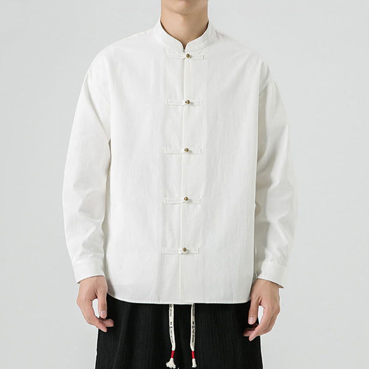 Chemise à boutons de grenouille de couleur unie avec Buddha Stones en coton pour homme  - image 15