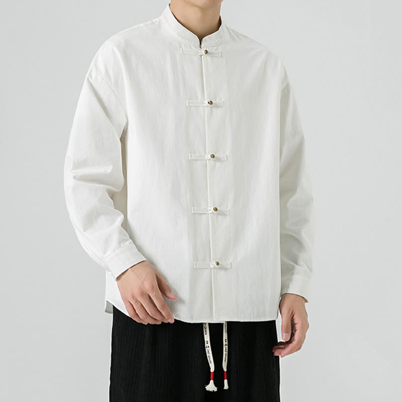 Chemise à boutons de grenouille de couleur unie avec Buddha Stones en coton pour homme  - image 16