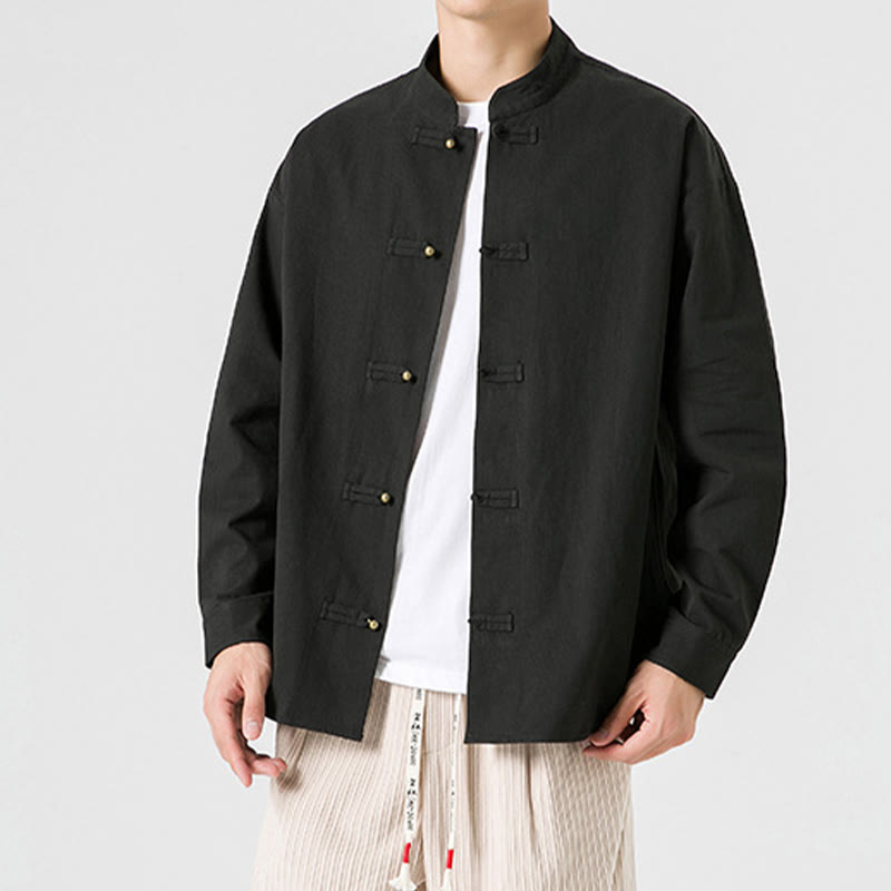 Chemise à boutons de grenouille de couleur unie avec Buddha Stones en coton pour homme  - image 3