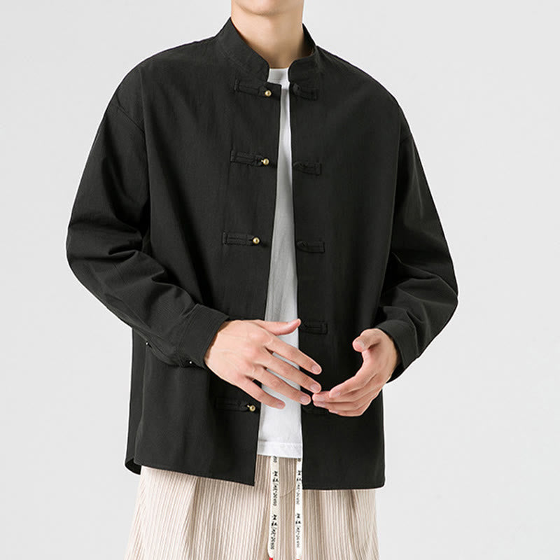 Chemise à boutons de grenouille de couleur unie avec Buddha Stones en coton pour homme  - image 5