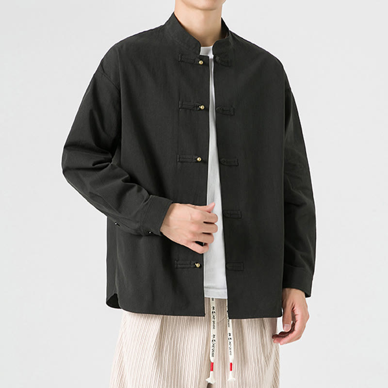 Chemise à boutons de grenouille de couleur unie avec Buddha Stones en coton pour homme  - image 2