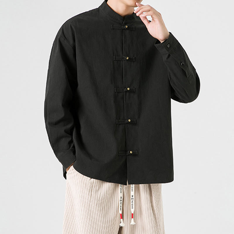 Chemise à boutons de grenouille de couleur unie avec Buddha Stones en coton pour homme  - image 7