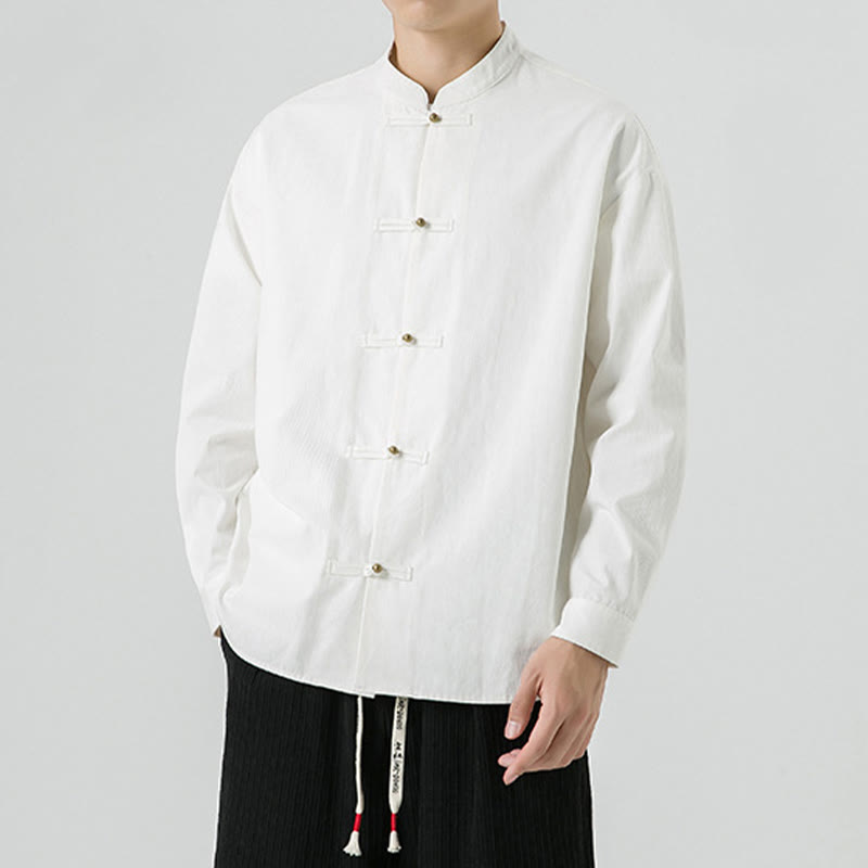 Chemise à boutons de grenouille de couleur unie avec Buddha Stones en coton pour homme  - image 13