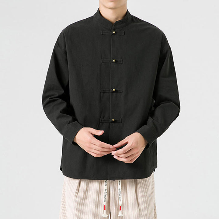 Chemise à boutons de grenouille de couleur unie avec Buddha Stones en coton pour homme  - image 6