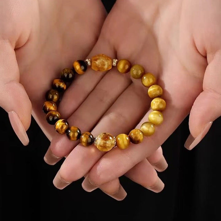 Bracelet de force en Buddha Stones, œil de tigre jaune et noir, citrine
