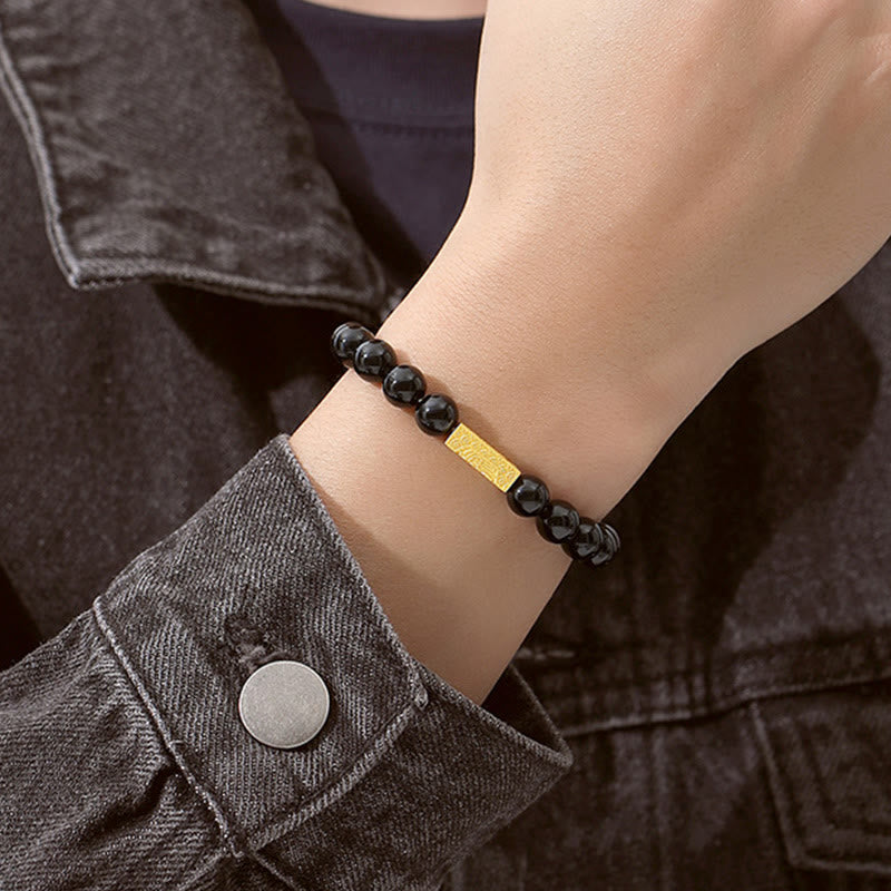 Bracelet de force en argent sterling 925 avec obsidienne noire et pierres de Buddha Stones Fu