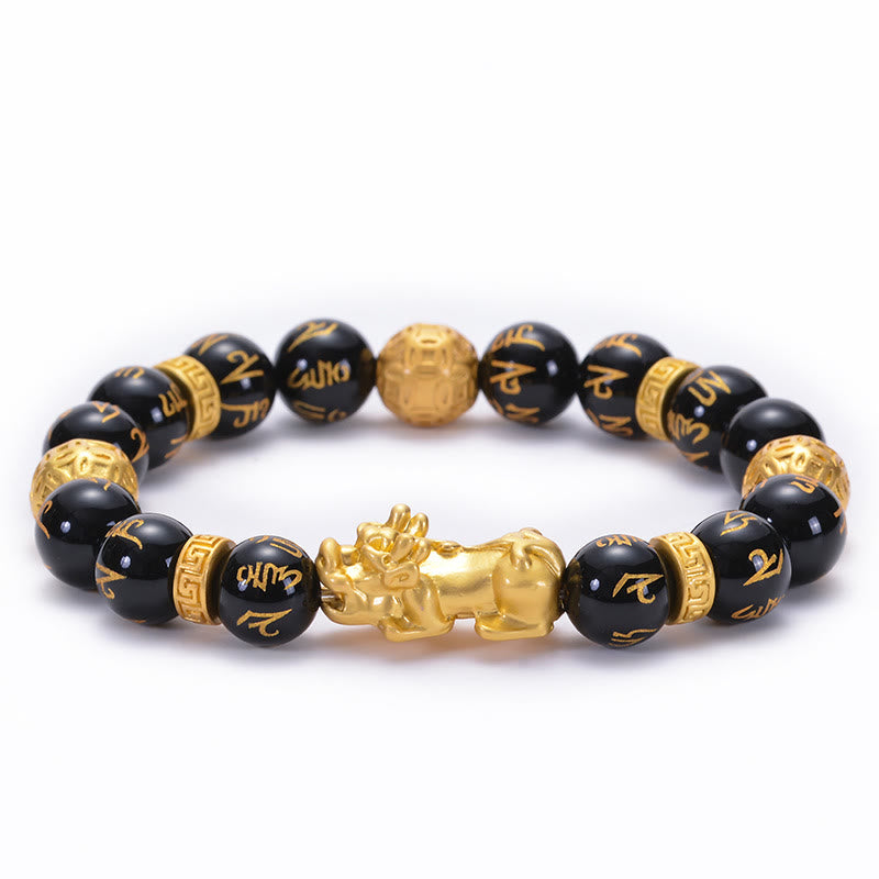 Bracelet de force PiXiu Om Mani Padme Hum en alliage d'obsidienne Buddha Stones et d'onyx noir