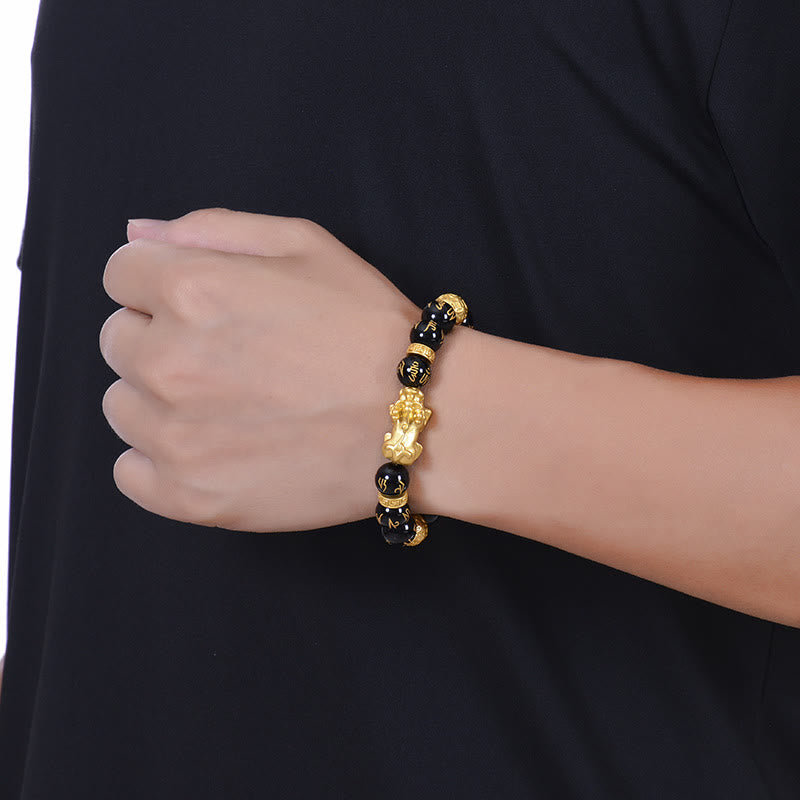 Bracelet de force PiXiu Om Mani Padme Hum en alliage d'obsidienne Buddha Stones et d'onyx noir