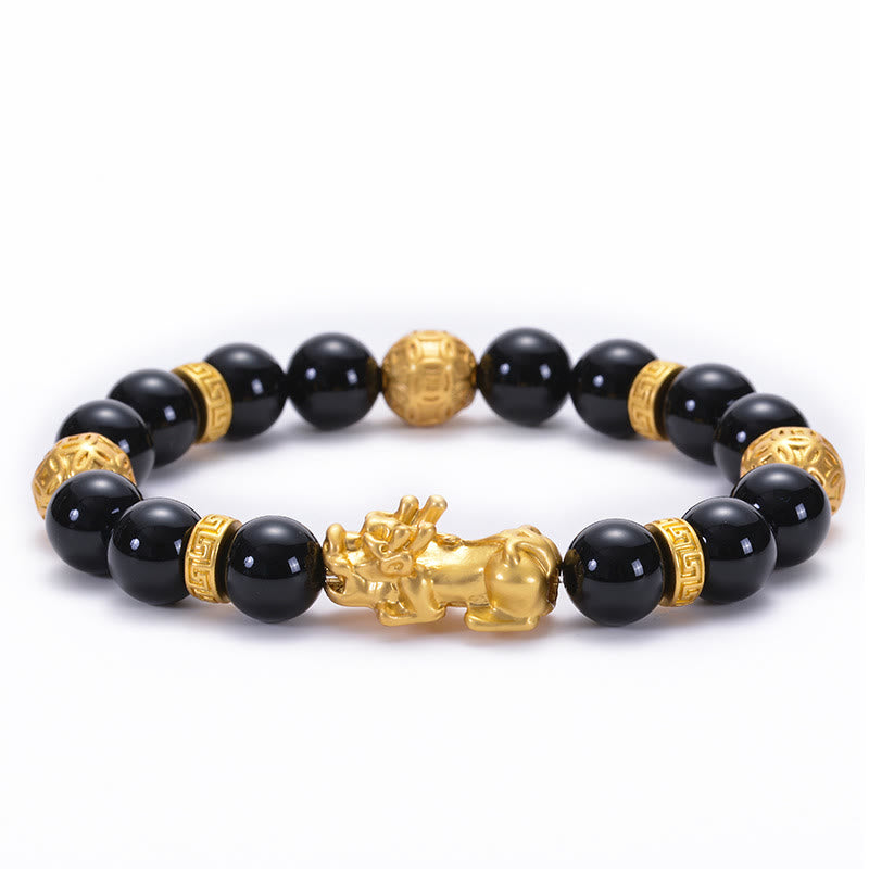 Bracelet de force PiXiu Om Mani Padme Hum en alliage d'obsidienne Buddha Stones et d'onyx noir