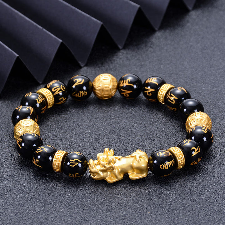 Bracelet de force PiXiu Om Mani Padme Hum en alliage d'obsidienne Buddha Stones et d'onyx noir