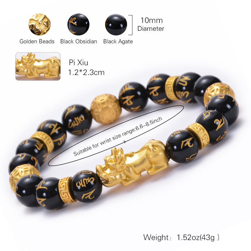 Bracelet de force PiXiu Om Mani Padme Hum en alliage d'obsidienne Buddha Stones et d'onyx noir
