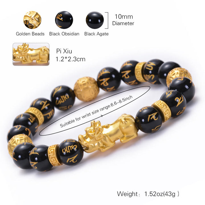Bracelet de force PiXiu Om Mani Padme Hum en alliage d'obsidienne Buddha Stones et d'onyx noir