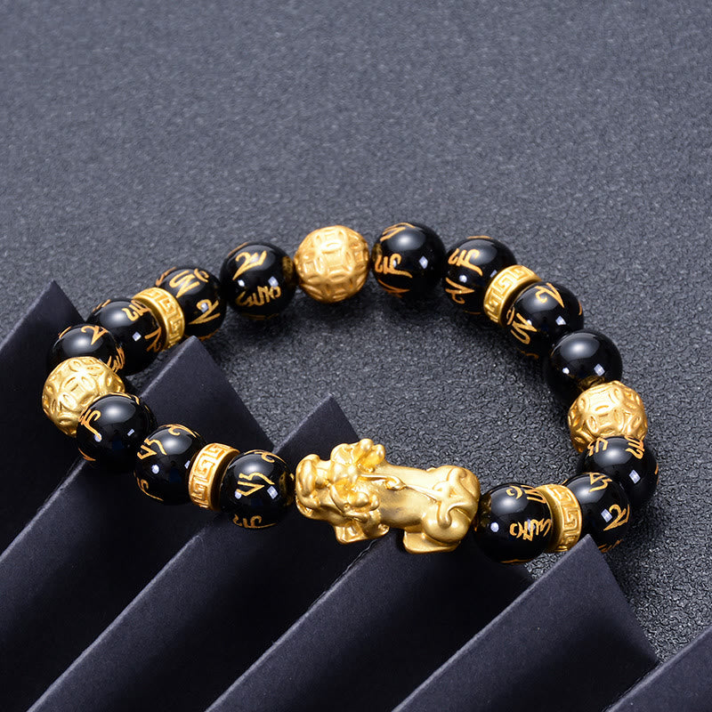Bracelet de force PiXiu Om Mani Padme Hum en alliage d'obsidienne Buddha Stones et d'onyx noir