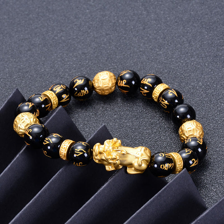 Bracelet de force PiXiu Om Mani Padme Hum en alliage d'obsidienne Buddha Stones et d'onyx noir