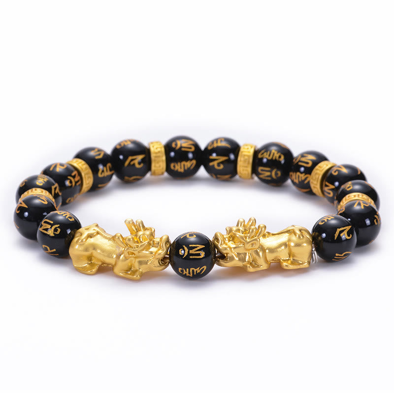 Bracelet de force en Buddha Stones en obsidienne noire et onyx noir en alliage doré à deux PiXiu Om Mani Padme Hum