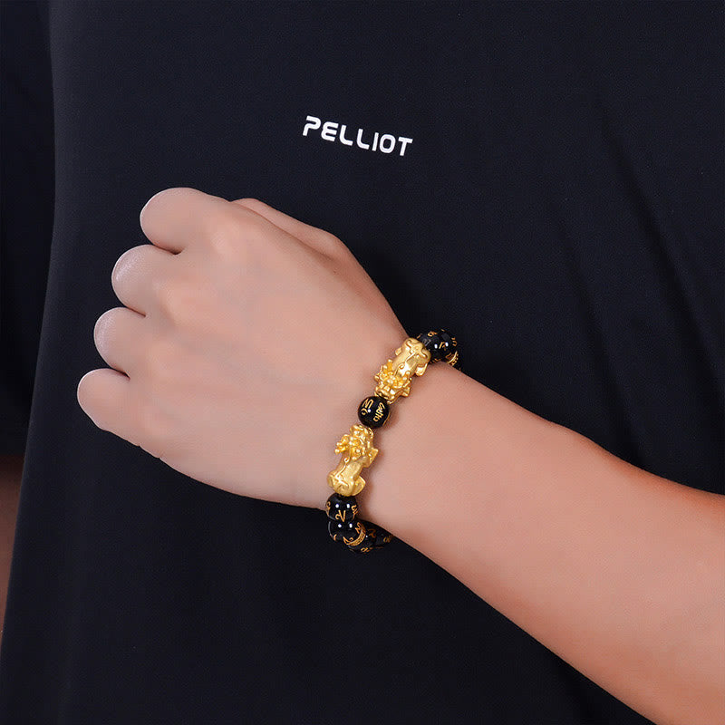 Bracelet de force en Buddha Stones en obsidienne noire et onyx noir en alliage doré à deux PiXiu Om Mani Padme Hum