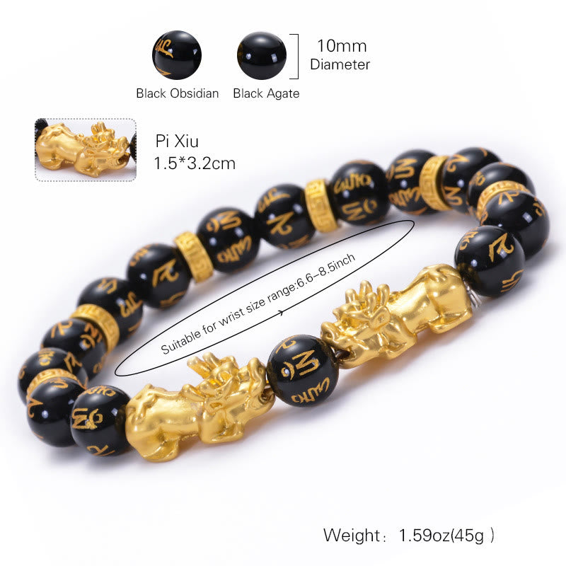 Bracelet de force en Buddha Stones en obsidienne noire et onyx noir en alliage doré à deux PiXiu Om Mani Padme Hum