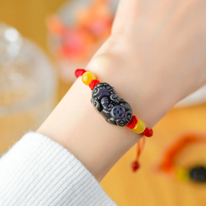 Bracelet en corde d'accomplissement du Buddha Stones rieur en obsidienne noire Fox Pi Xiu