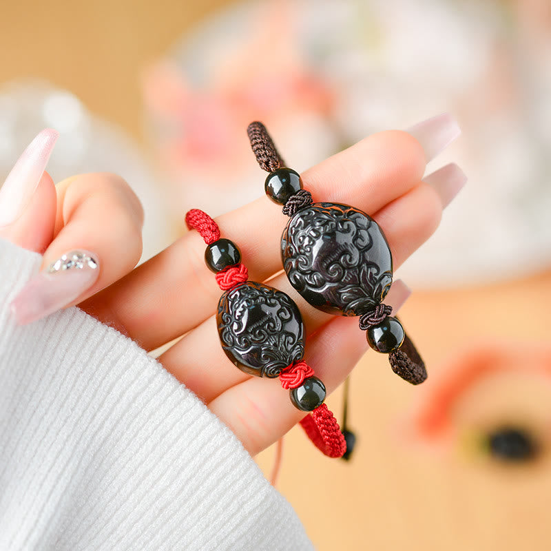 Bracelet en corde d'accomplissement du Buddha Stones rieur en obsidienne noire Fox Pi Xiu