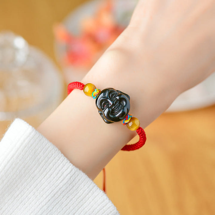 Bracelet en corde d'accomplissement du Buddha Stones rieur en obsidienne noire Fox Pi Xiu