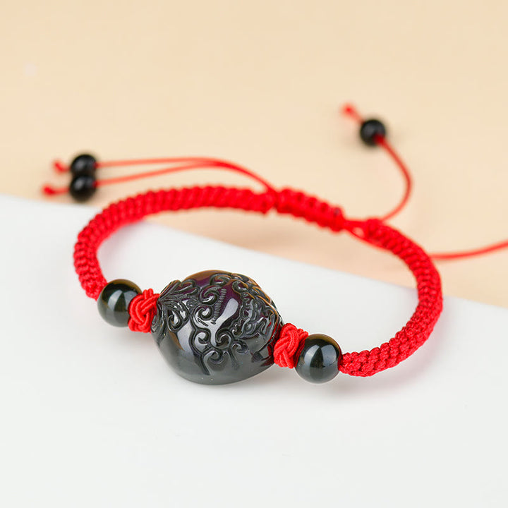 Bracelet en corde d'accomplissement du Buddha Stones rieur en obsidienne noire Fox Pi Xiu