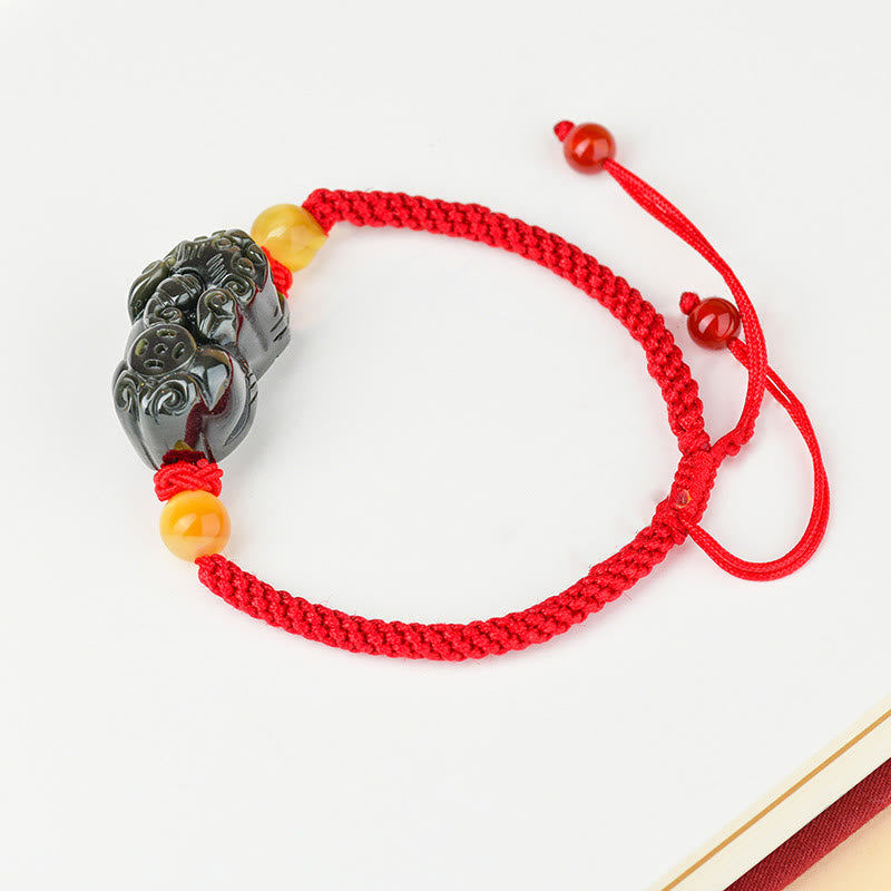 Bracelet en corde d'accomplissement du Buddha Stones rieur en obsidienne noire Fox Pi Xiu
