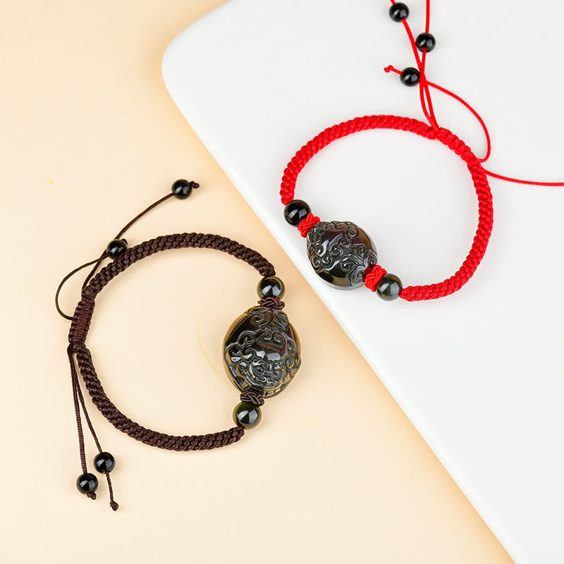 Bracelet en corde d'accomplissement du Buddha Stones rieur en obsidienne noire Fox Pi Xiu