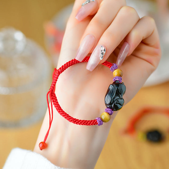Bracelet en corde d'accomplissement du Buddha Stones rieur en obsidienne noire Fox Pi Xiu
