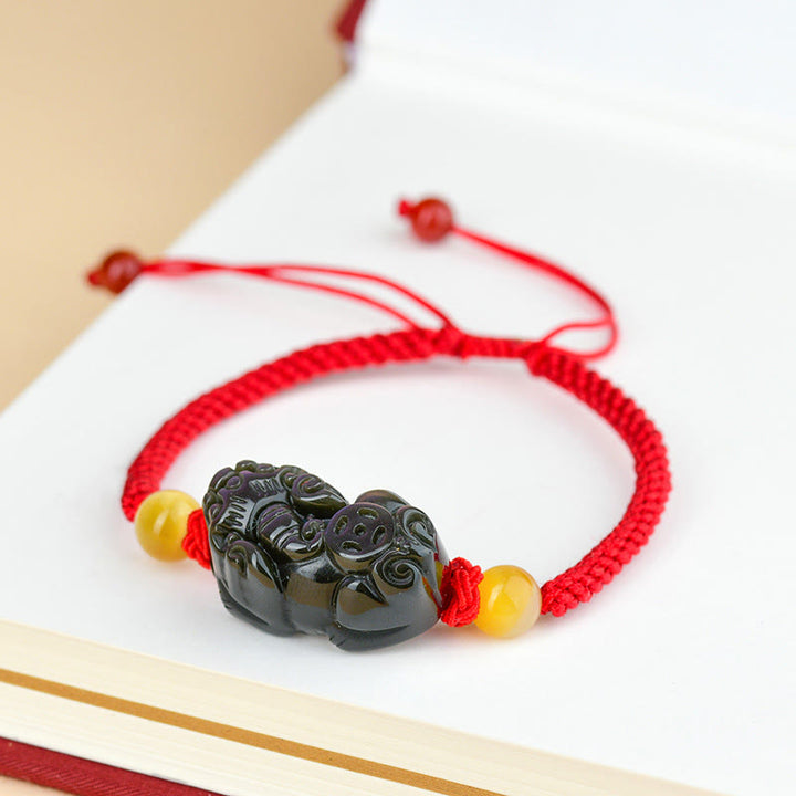 Bracelet en corde d'accomplissement du Buddha Stones rieur en obsidienne noire Fox Pi Xiu